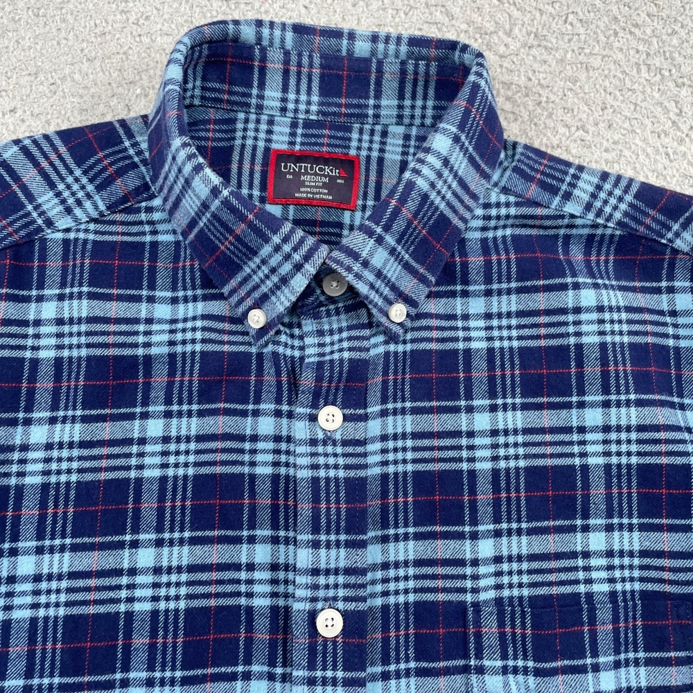 UNTUCKIT Button Down Mens M Blue Plaid Slim Fit Cotton Flannel Shirt Long Sleeve